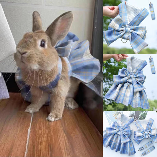 Rabbit Dress & Leash Set - Mesh Plaid Harness for Small Pets
