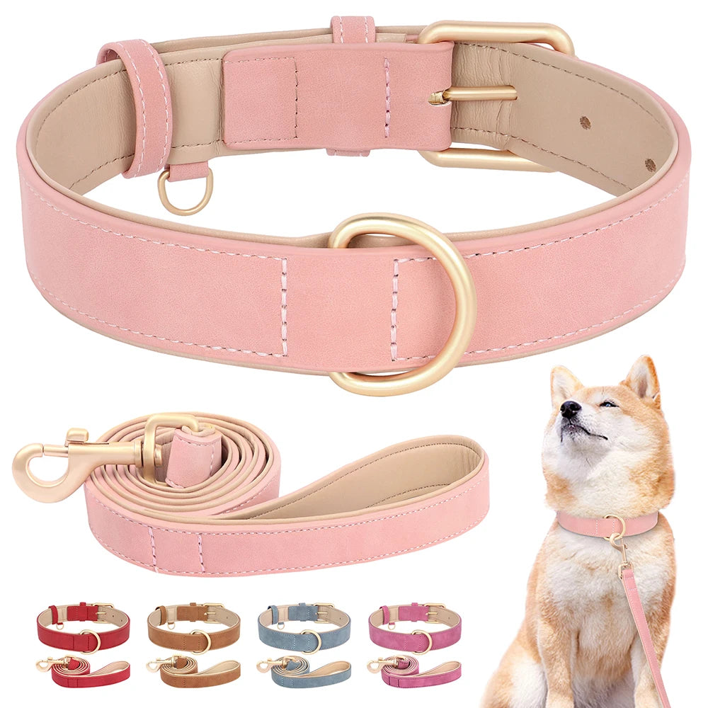 Soft Padded PU Leather Dog Collar Leash Set