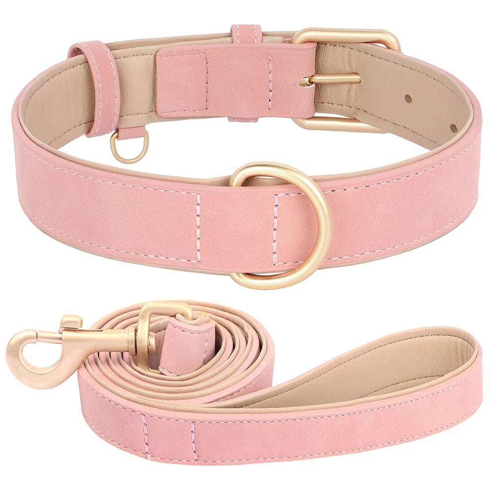 Soft Padded PU Leather Dog Collar Leash Set
