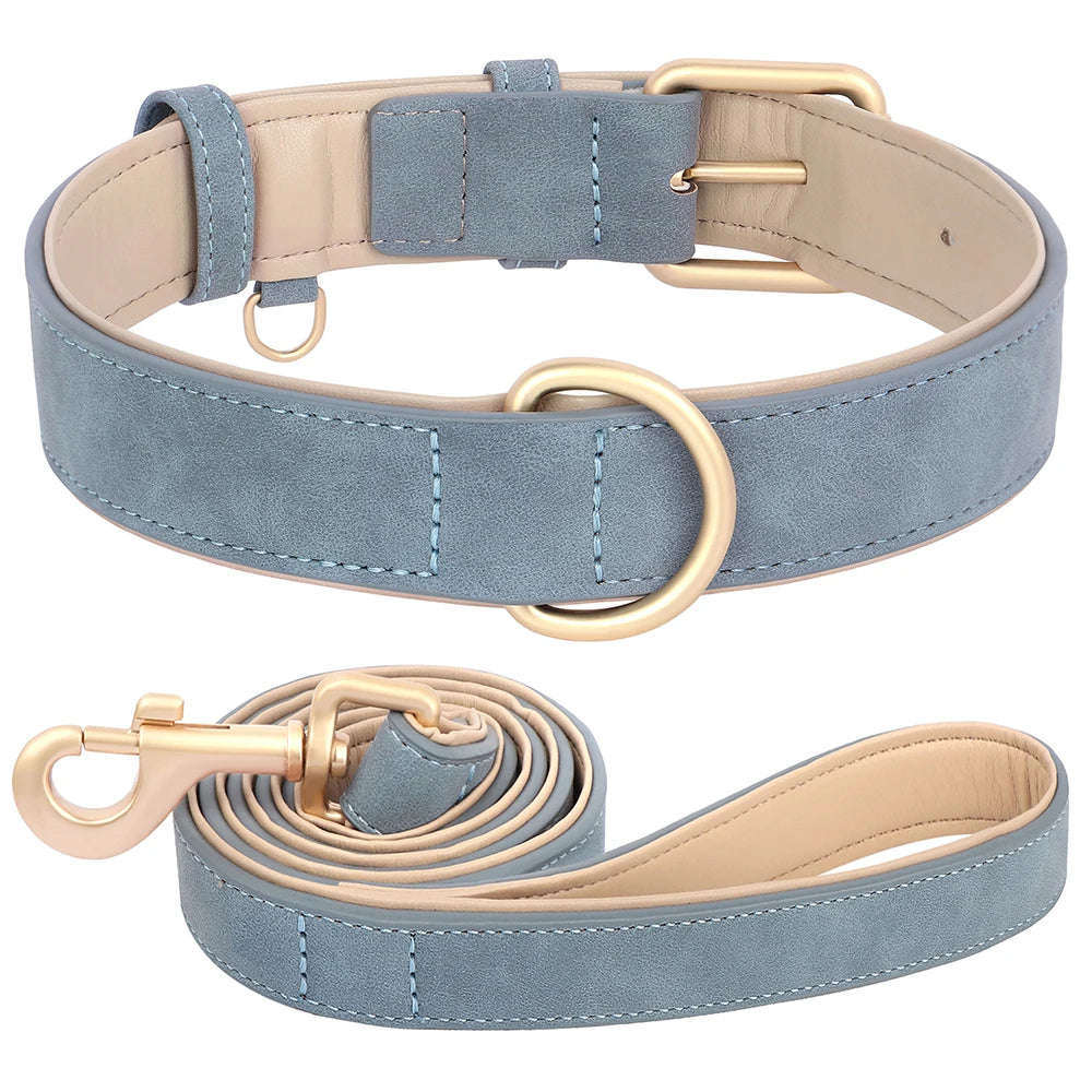 Soft Padded PU Leather Dog Collar Leash Set