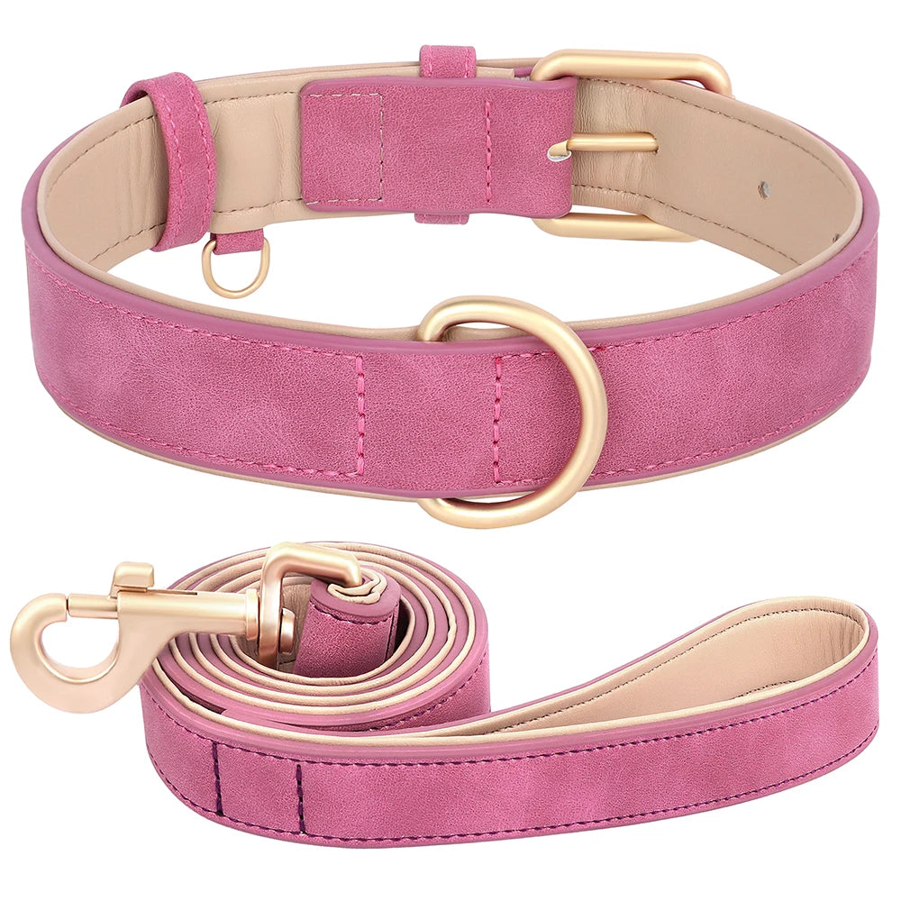Soft Padded PU Leather Dog Collar Leash Set
