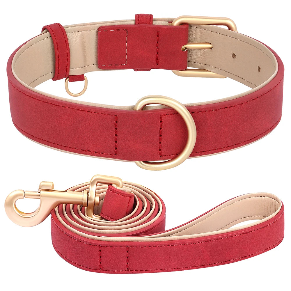 Soft Padded PU Leather Dog Collar Leash Set