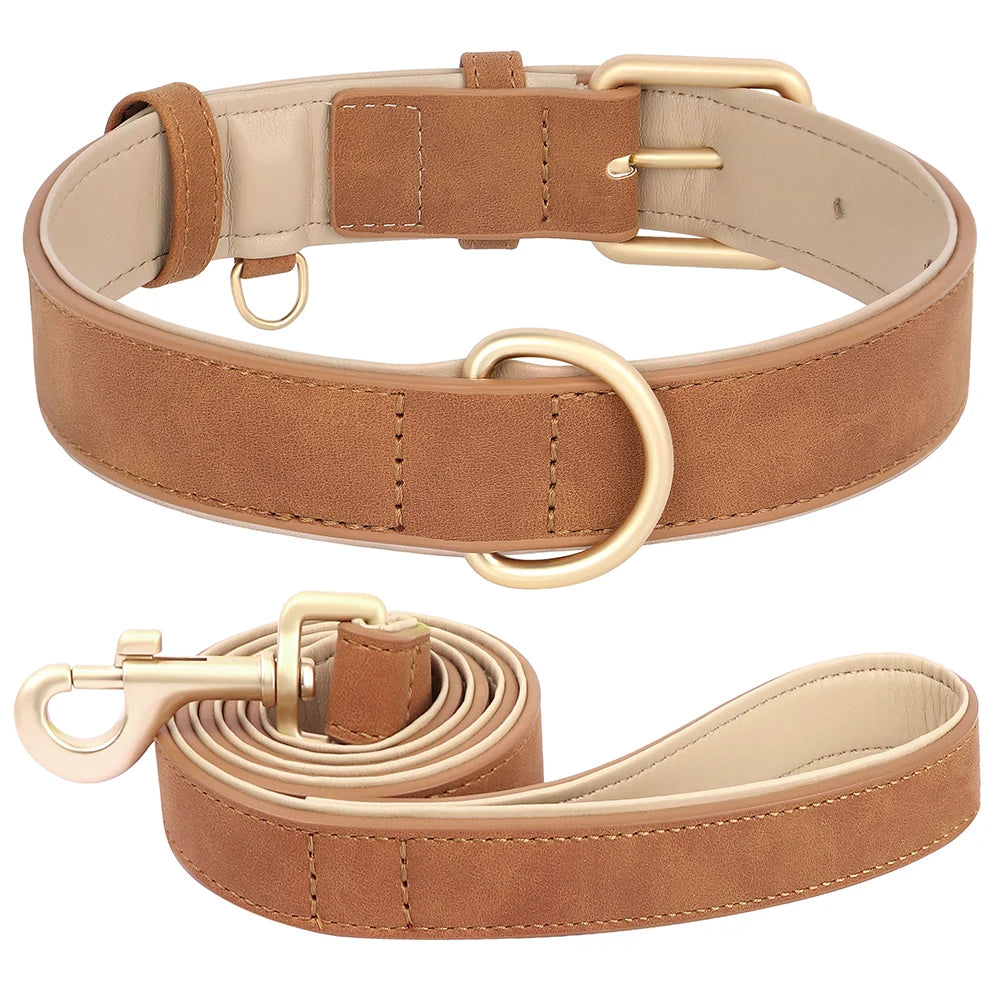Soft Padded PU Leather Dog Collar Leash Set