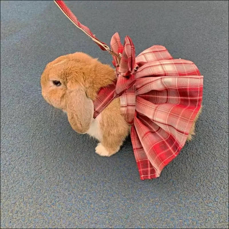 Rabbit Dress & Leash Set - Mesh Plaid Harness for Small Pets